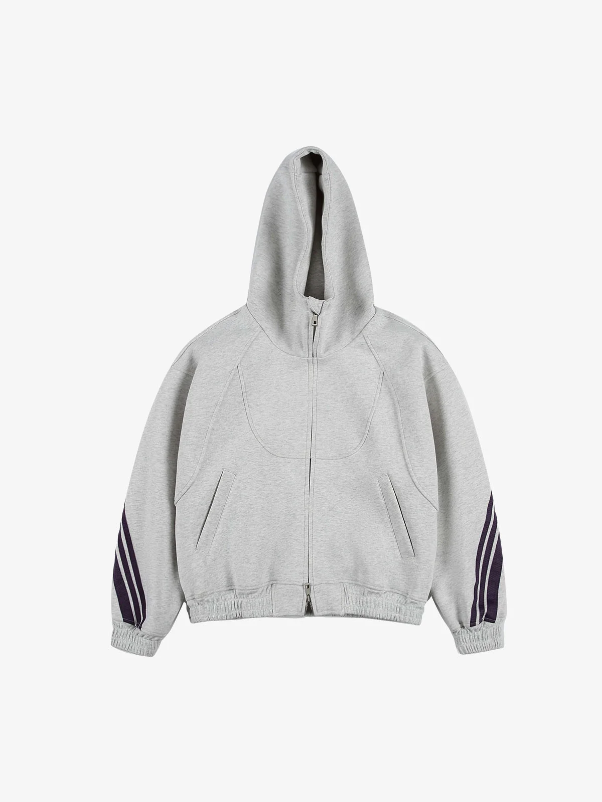 Striped Patchwork Boxy Fit Zip-Up Hoodie - Light Grey / S