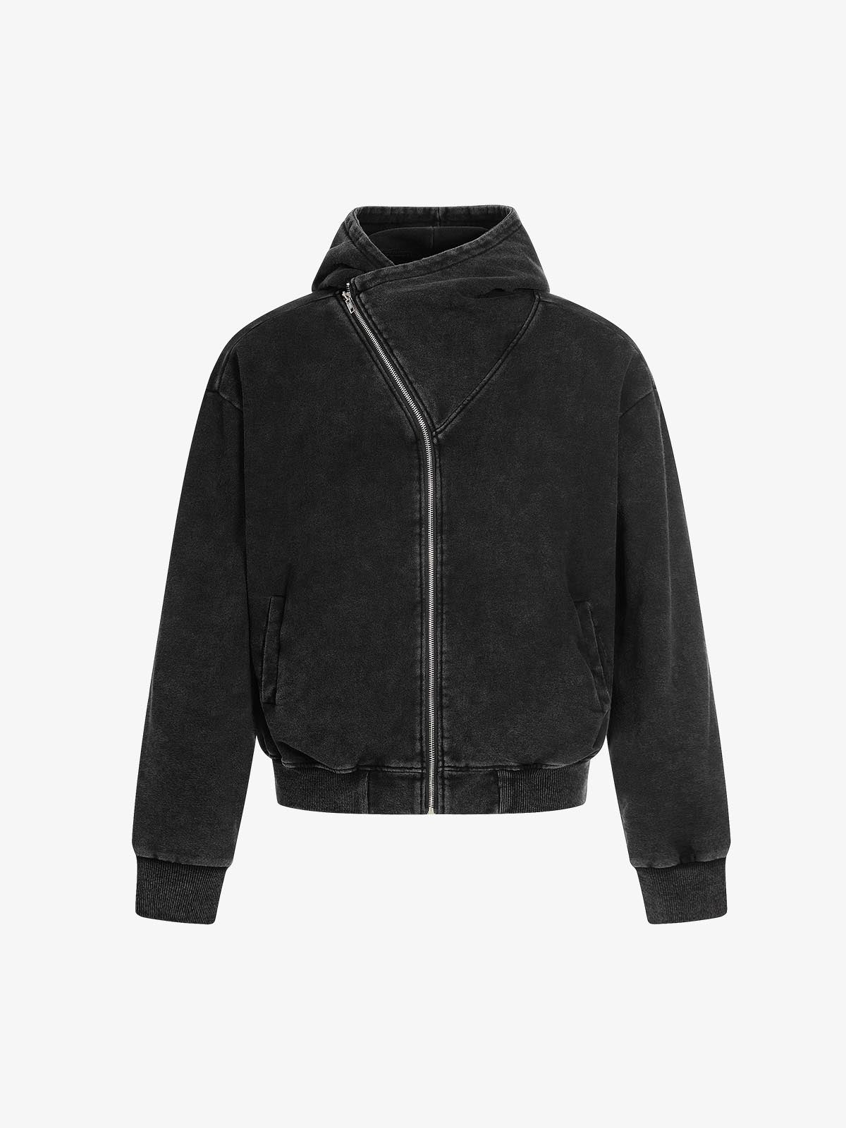 Distressed Washed Asymmetrical Placket Zip-Up Hoodie - Black / S — Chandails en coton ouaté pour hommes