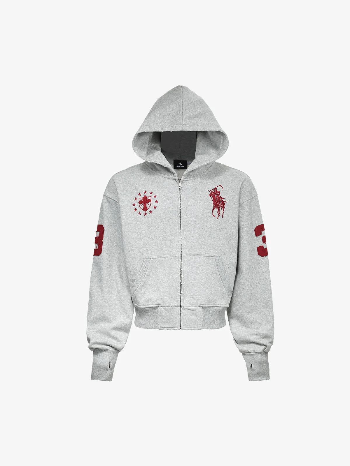 Streetwear Knight Horse Embroidered Cropped Zip-Up Hoodie - Gray / XS