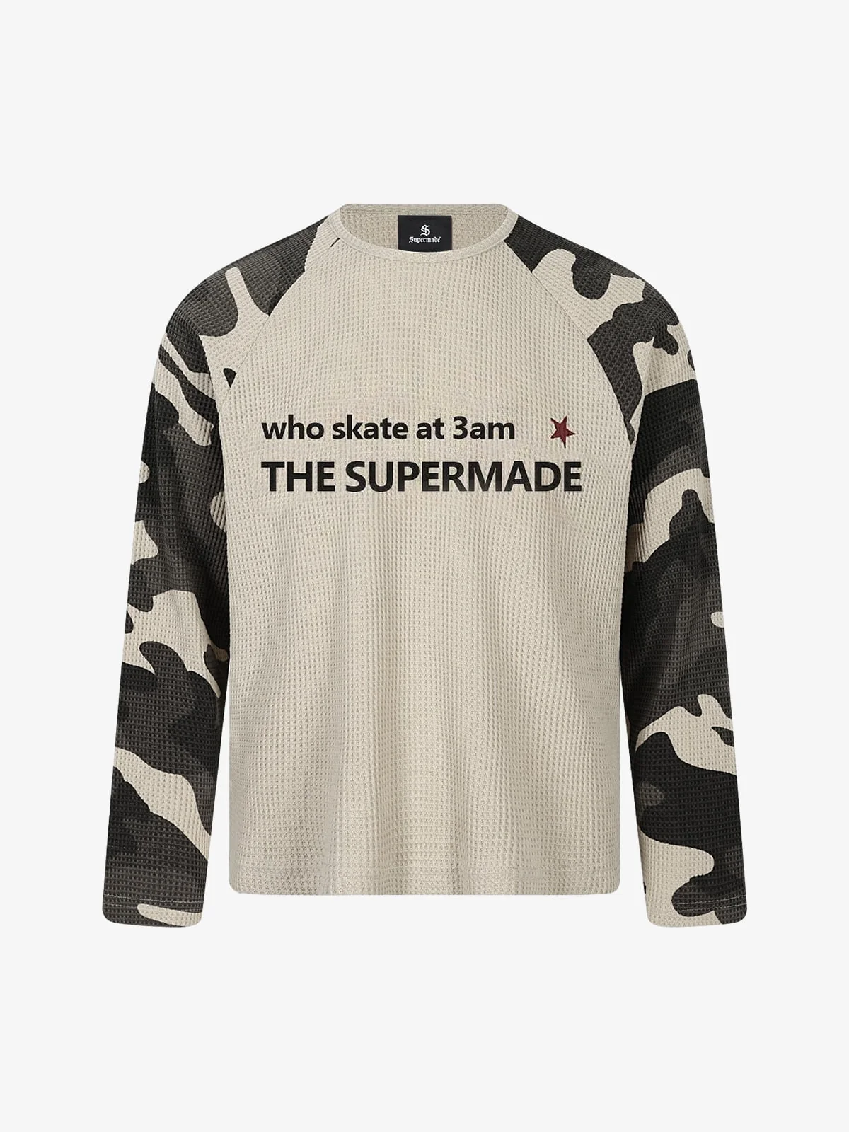 Camo Paneled Waffle Long Sleeve Tee - Apricot / S
