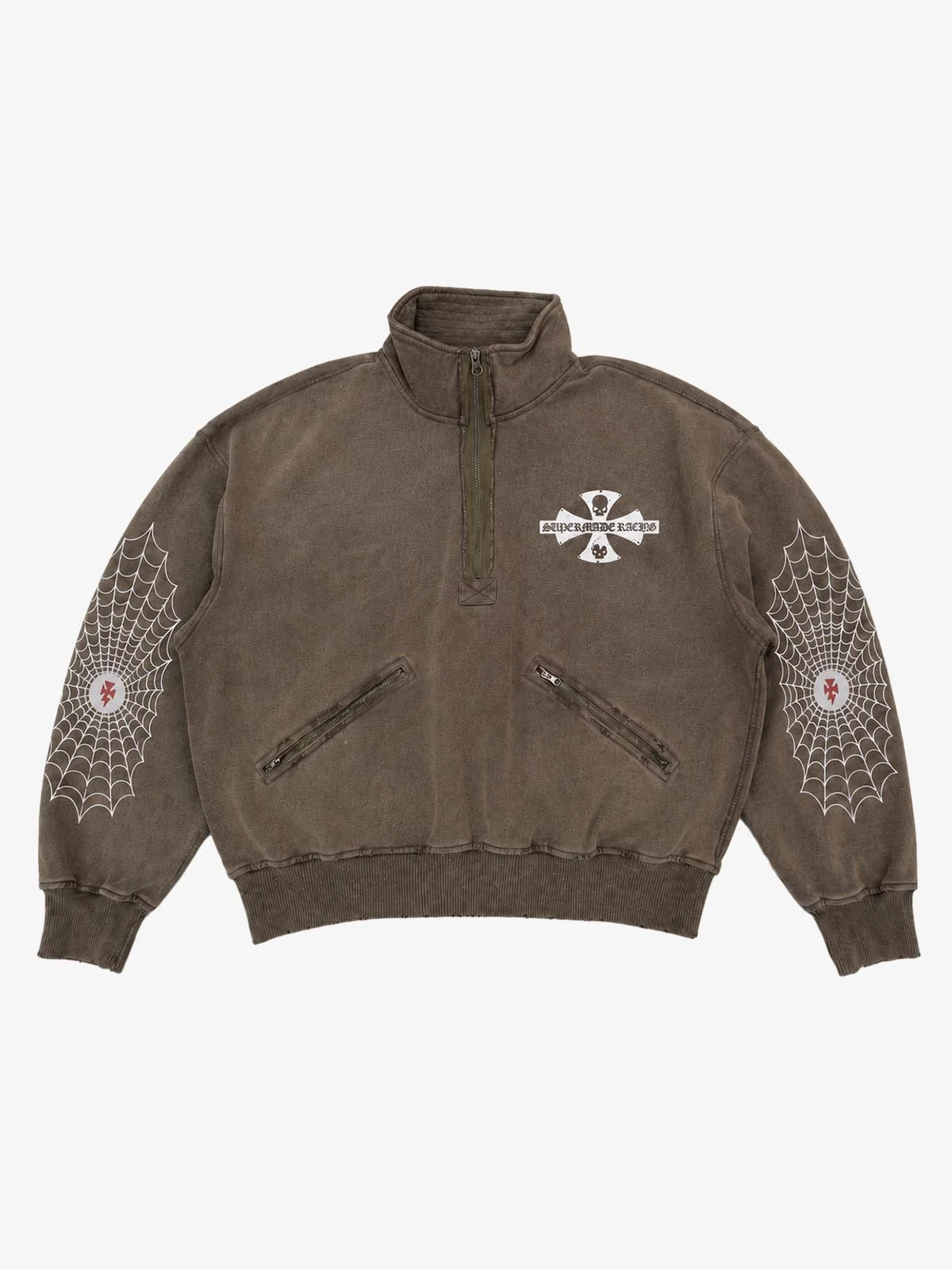 Spiderweb Graphic Washed Distressed Half-Zip Hoodie - Washed Palm / M — Chandails en coton ouaté pour hommes
