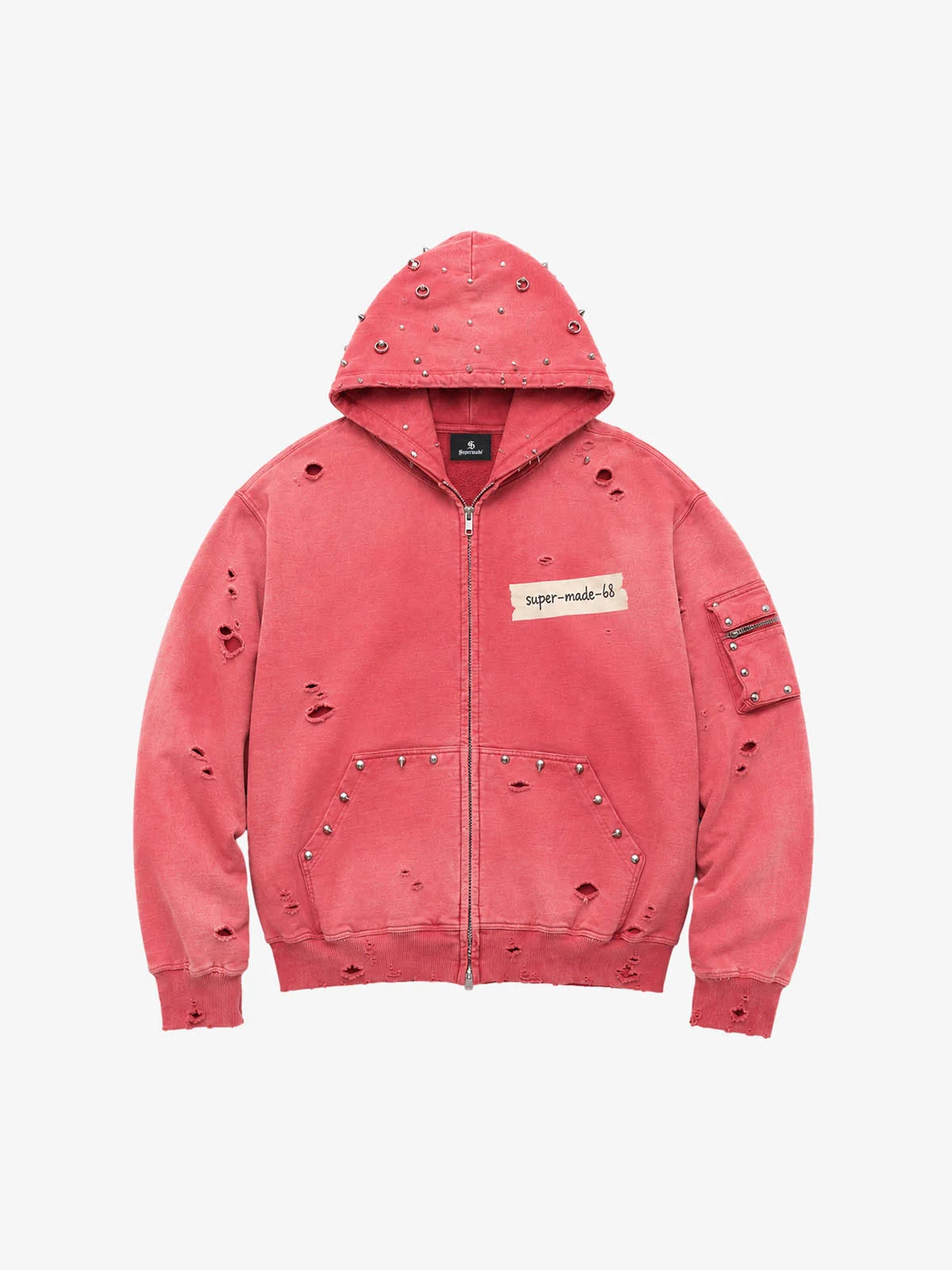Studded Distressed Zip Hoodie - Washed Red / M