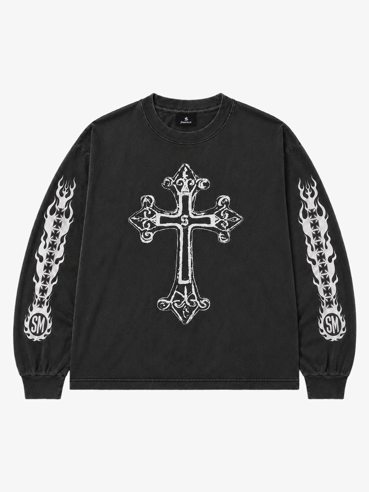 Cross Flame Graphic Distressed Long Sleeve Tee - Washed Black Ash / M — T-shirts pour hommes