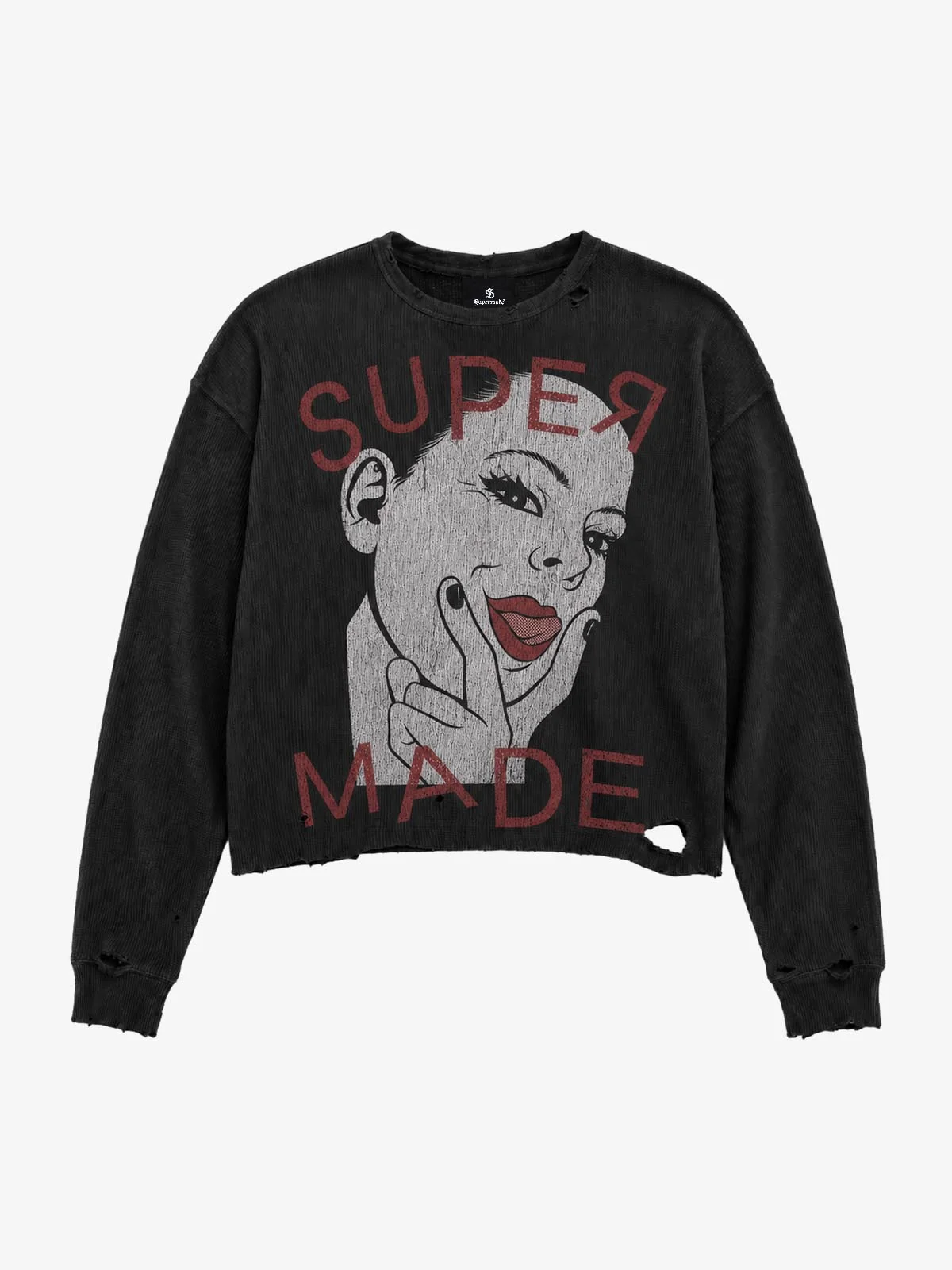 Tongue Graphic Distressed Waffle Long Sleeve Tee - Washed Black Ash / M