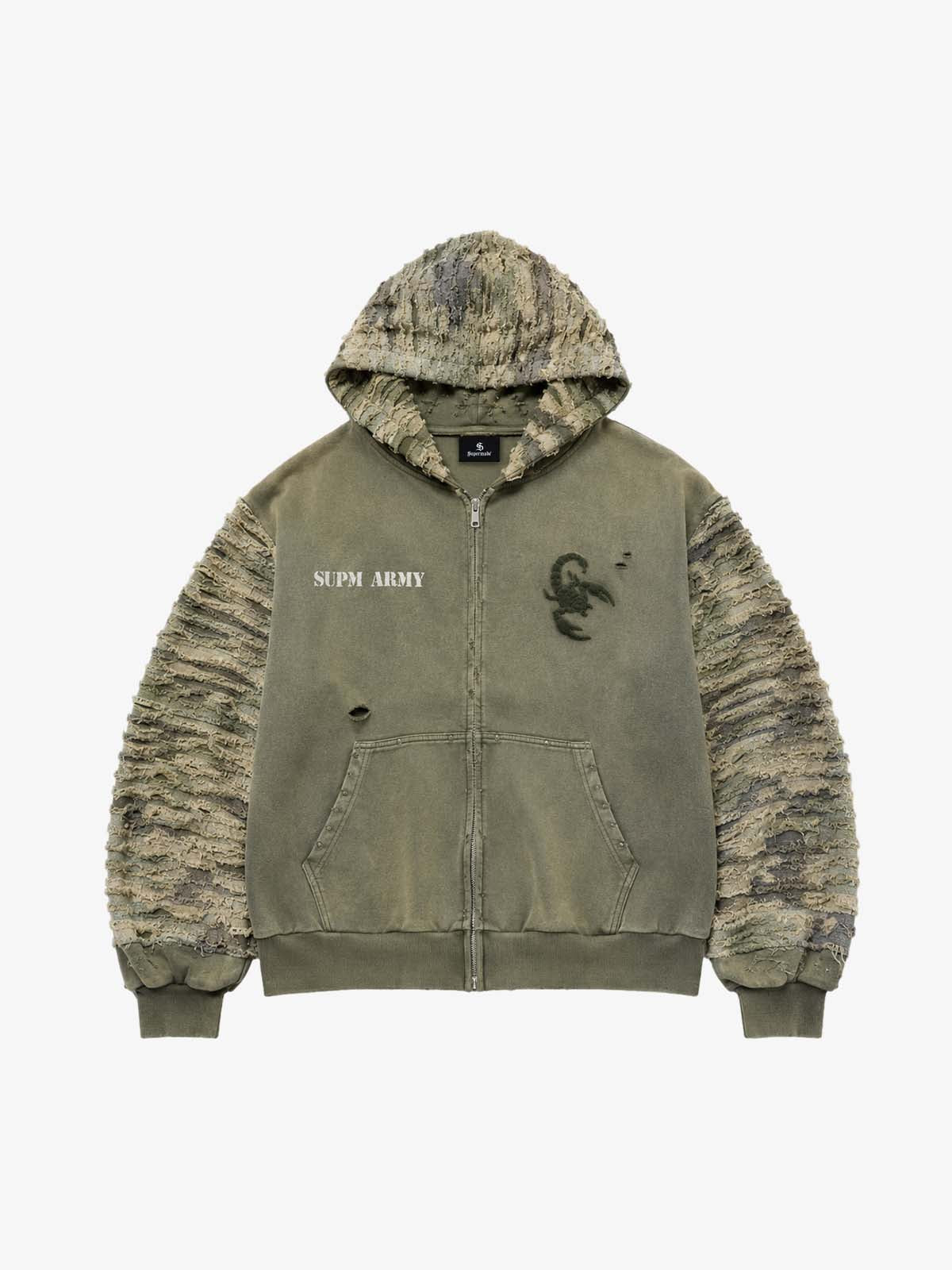Camo Boro Paneled Distressed Zip Hoodie - Washed Green / M