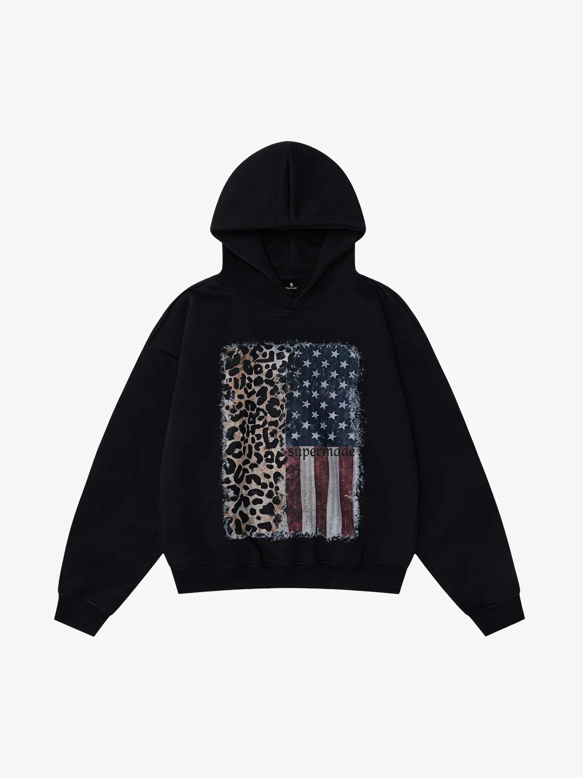 Leopard Flag Print Boxy Hoodie - Black / S — Chandails en coton ouaté pour hommes