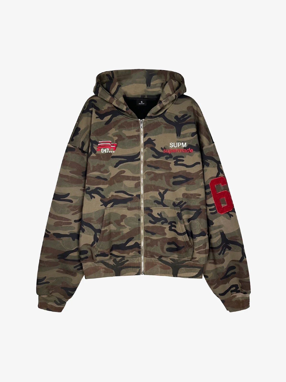 Camouflage Print Boxy Zip-Up Hoodie - Classic Camouflage / S