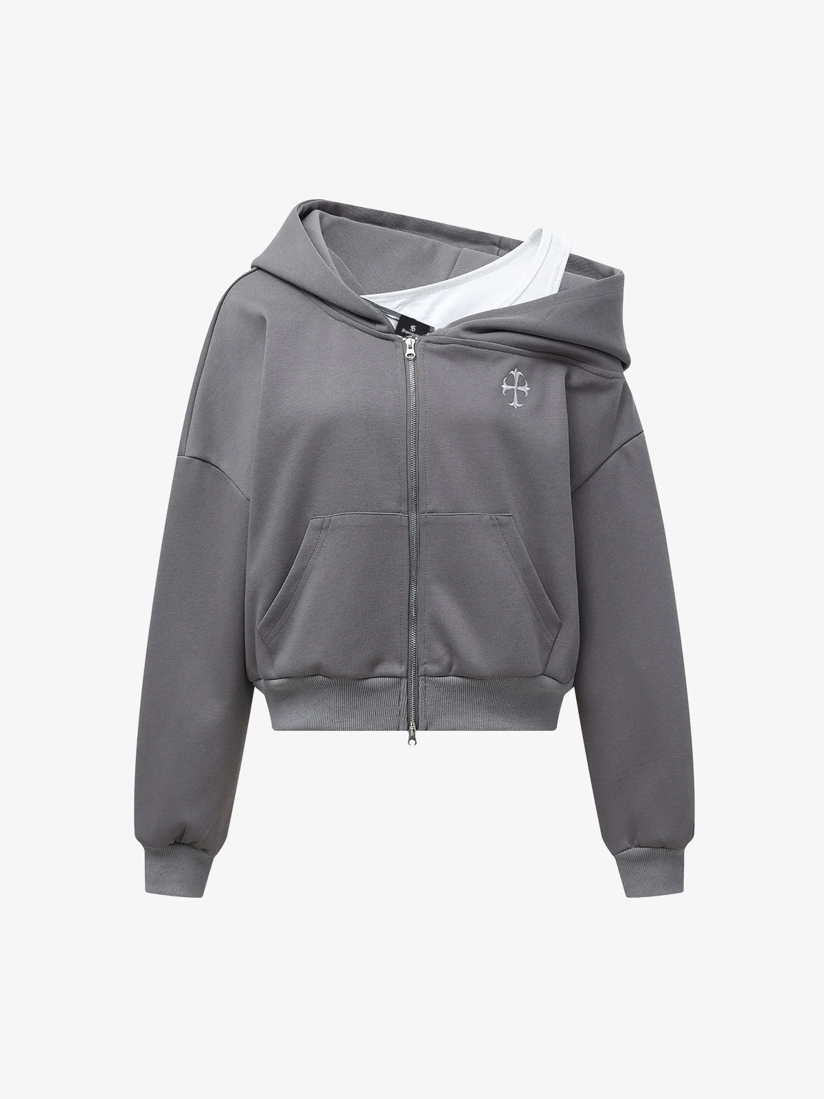 Off-Shoulder Layered Zip-Up Cropped Hoodie - Gray / S