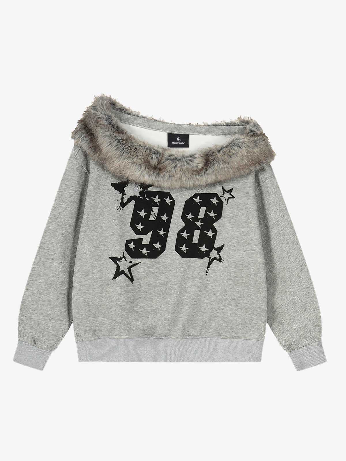 Off-Shoulder Fur Collar '98' Graphic Sweatshirt - Gray / S