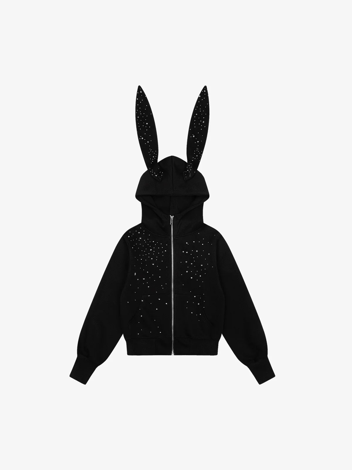 Rhinestone Bunny Ear Cropped Zip-Up Hoodie - Black / S — Chandails en coton ouaté pour hommes