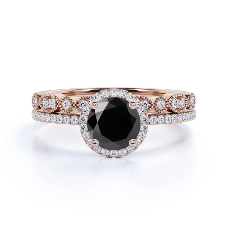 2.10 Carat Bridal Black Diamond Halo Diamond Ring - 10K Yellow Gold — Stackable Rings