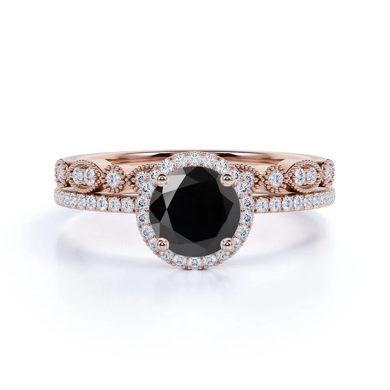 GemoneDiamonds Bague empilable halo de diamants noirs 2,10 carats en or jaune 10 carats — Anneaux empilables