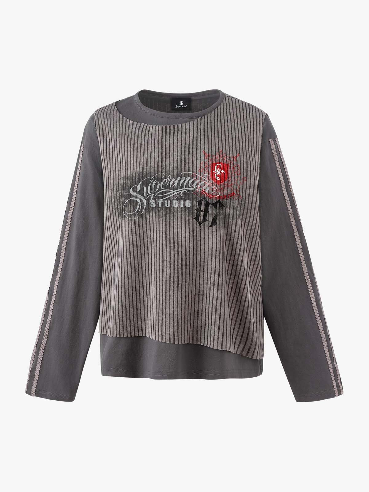 Striped Graphic Layered Patchwork Sweatshirt - Dark Gray / M