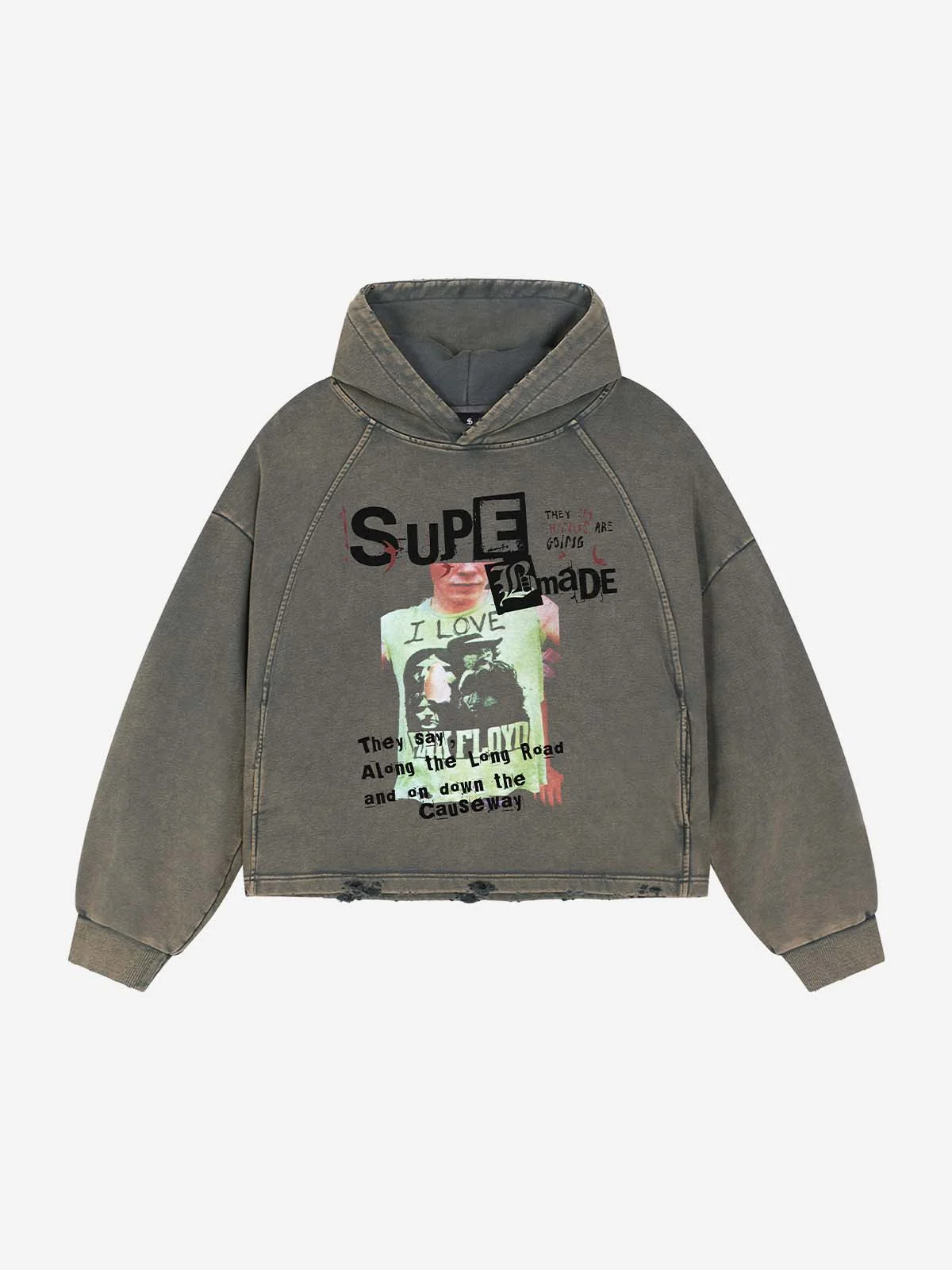 Band Graphic Washed Distressed Hoodie - Washed Gray Gold / M