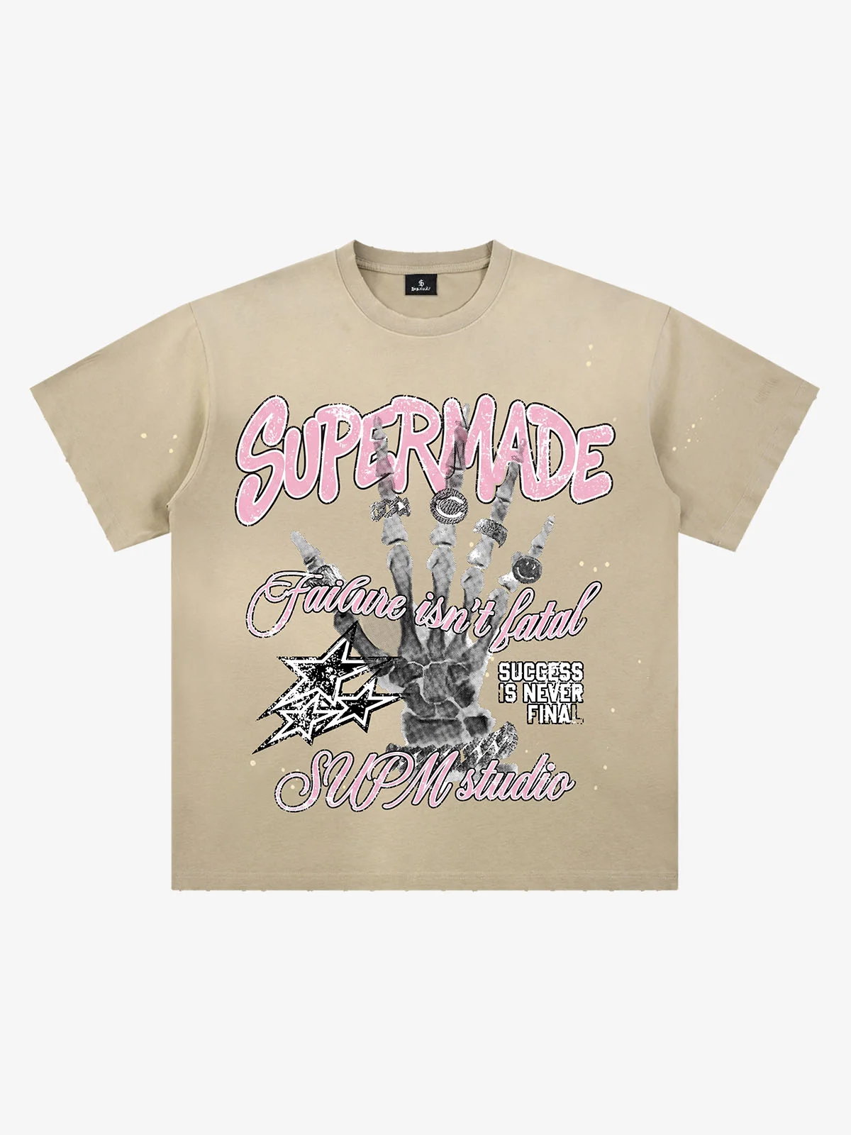 Graffiti Skull Graphic Paint Splatter Tee - Water-Washed ink-Splashed apricot / M