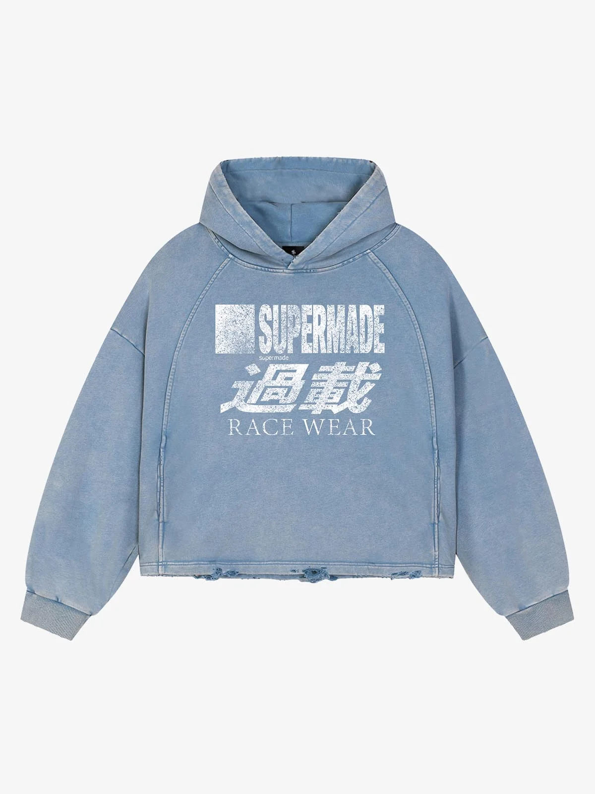Racing Letter Flame Graphic Distressed Cropped Hoodie - Washed Denim Blue / M