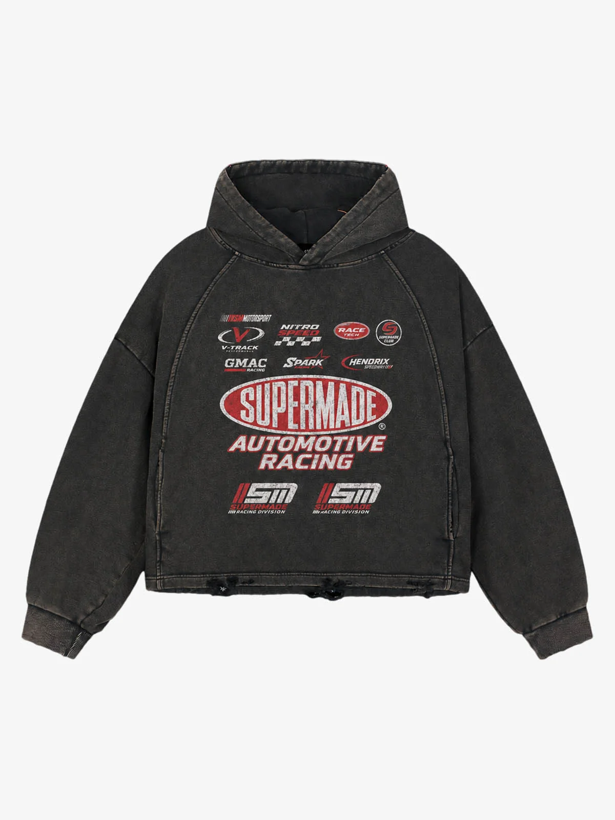 Racing Graphic Acid-Wash Distressed Cropped Hoodie - Washed Black Gold / M — Chandails en coton ouaté pour hommes