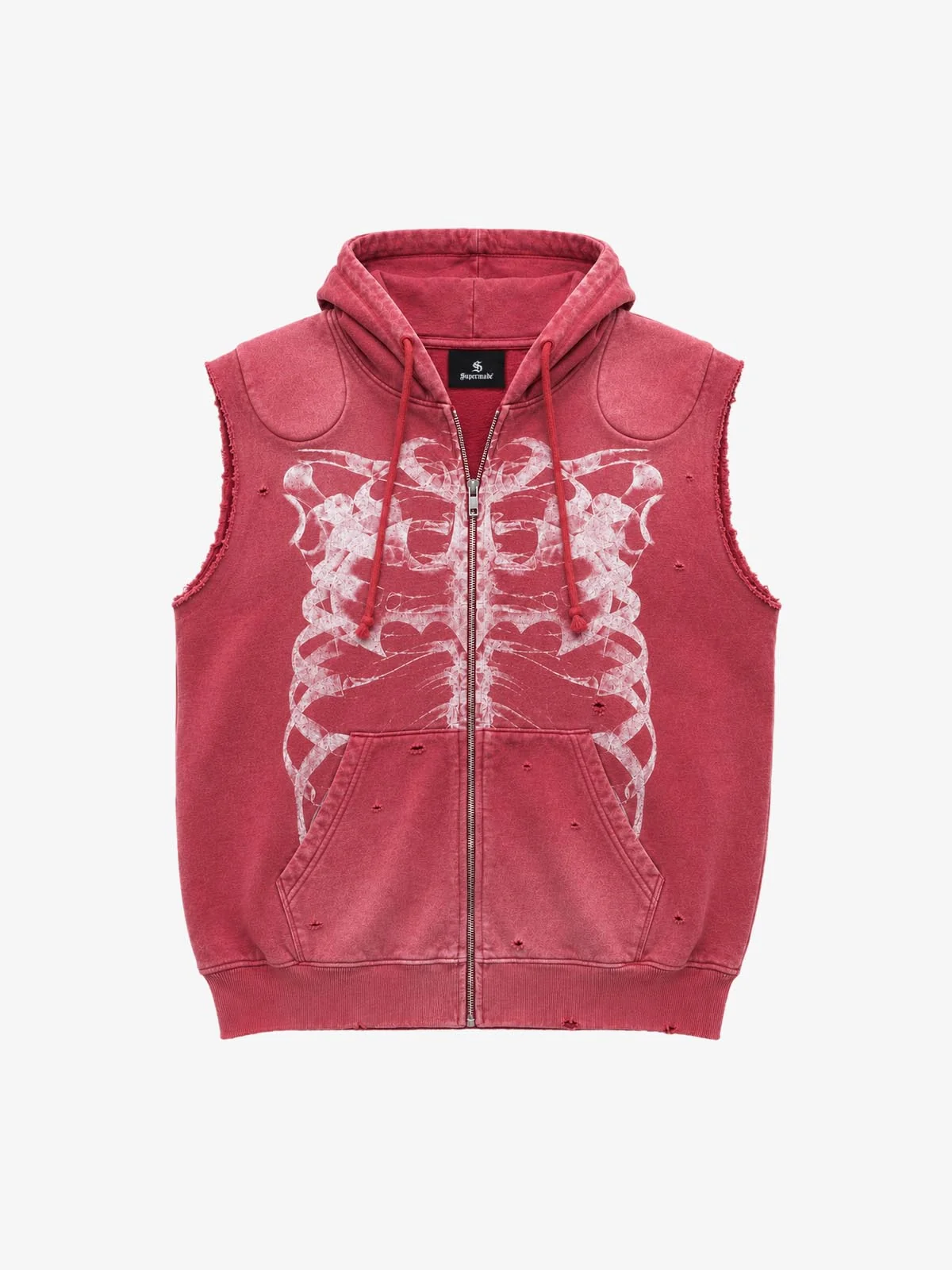Skull Graphic Padded Distressed Hoodie - Red / S