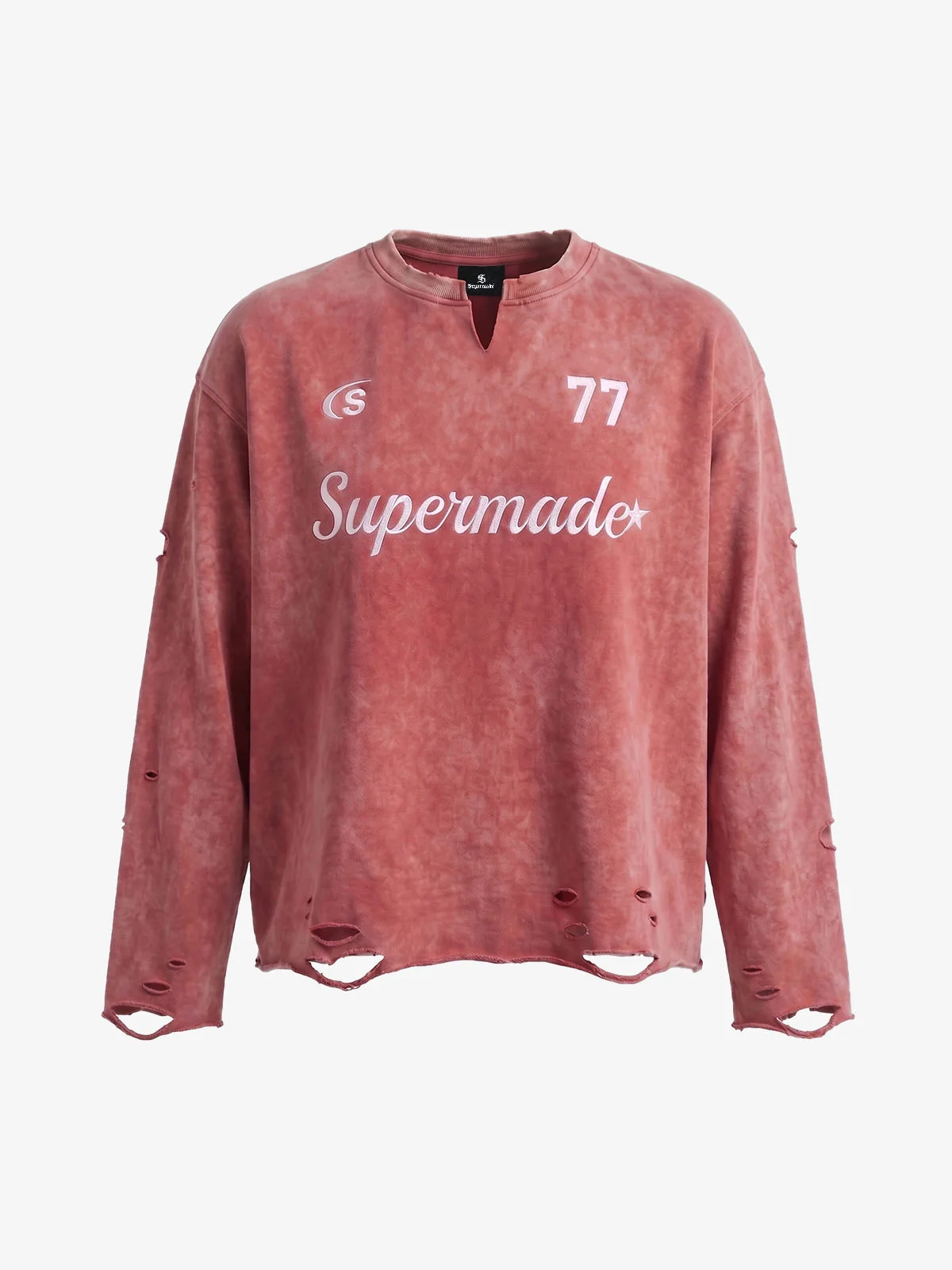 Embroidered Ripped Distressed Long Sleeve Tee - Red / S