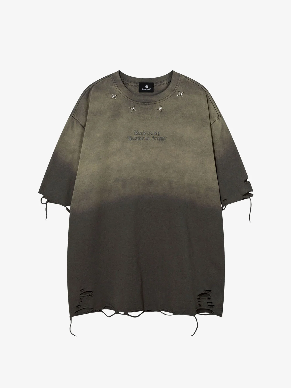 Embroidered Ripped Distressed Tee - Green / S