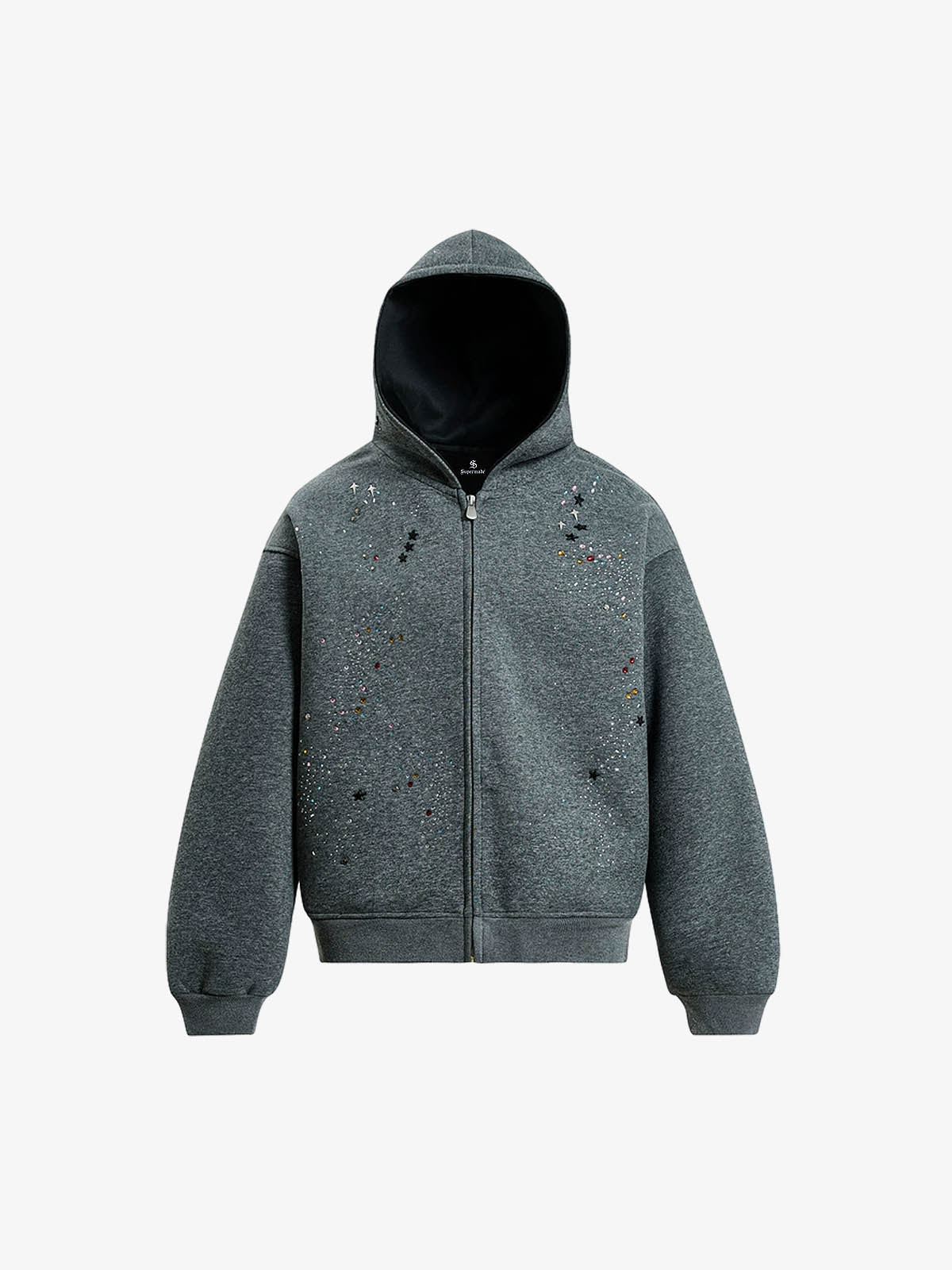 Rhinestone Zip Hoodie - Dark Gray / S — Chandails en coton ouaté pour hommes