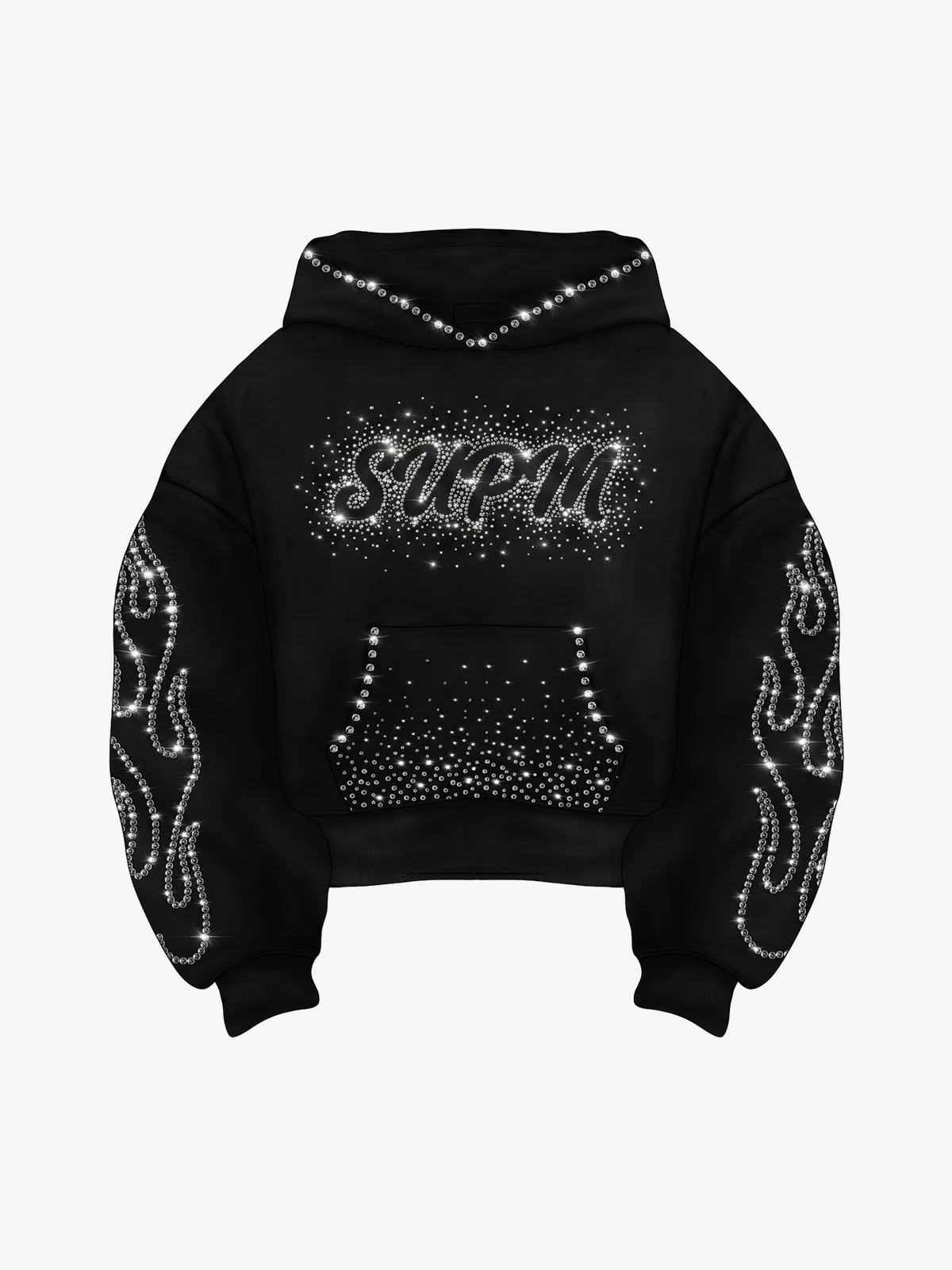 Flame Rhinestone Boxy Fit Hoodie - Black / S