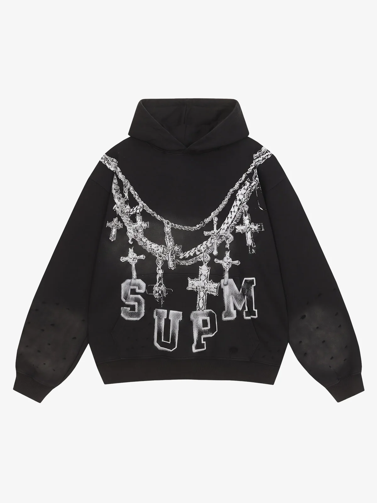 Streetwear Distressed Chain Graphic Hoodie - Black / S