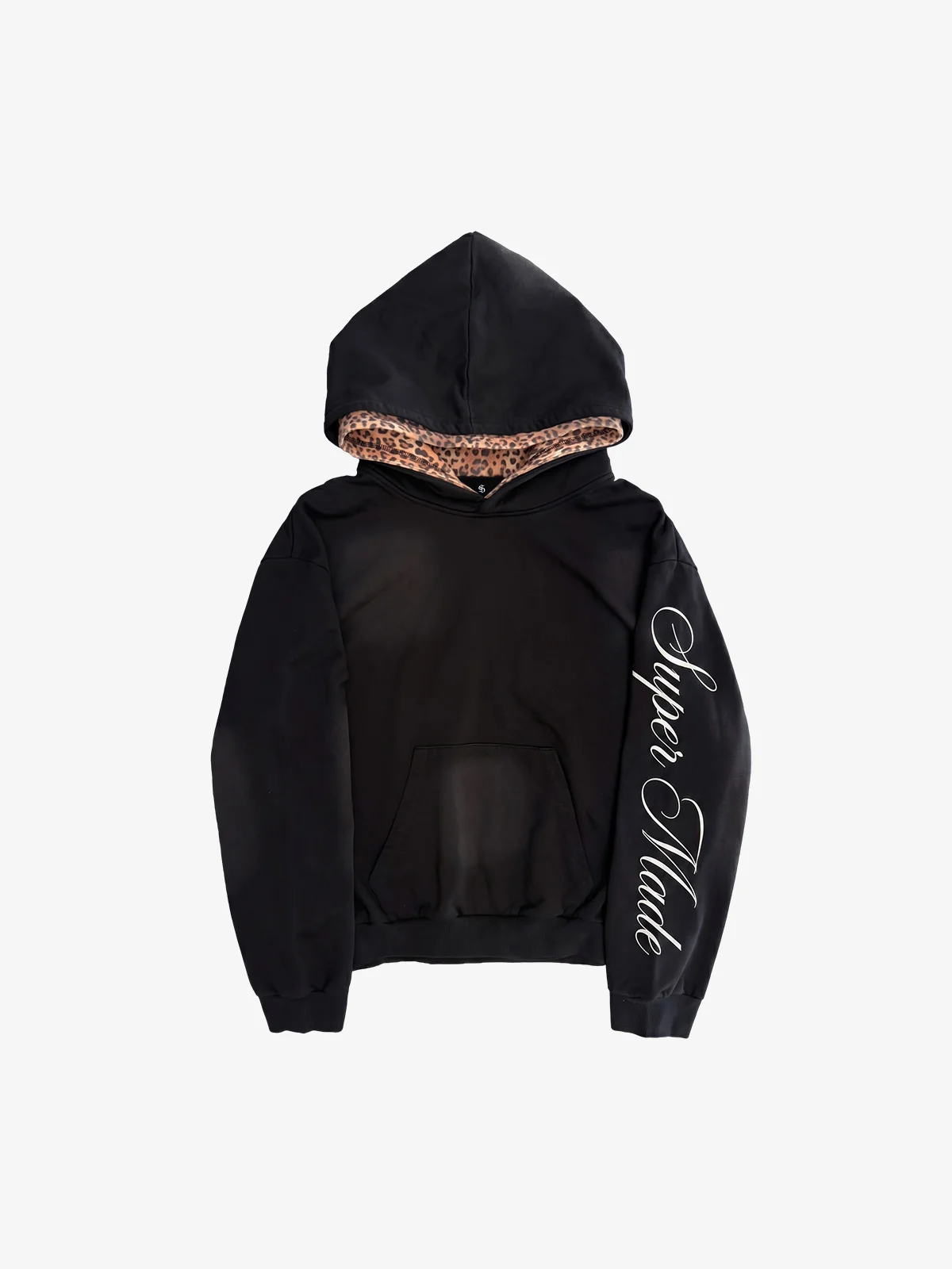 Distressed Leopard Pattern Layered Boxy Hoodie - Khaki / M — Chandails en coton ouaté pour hommes