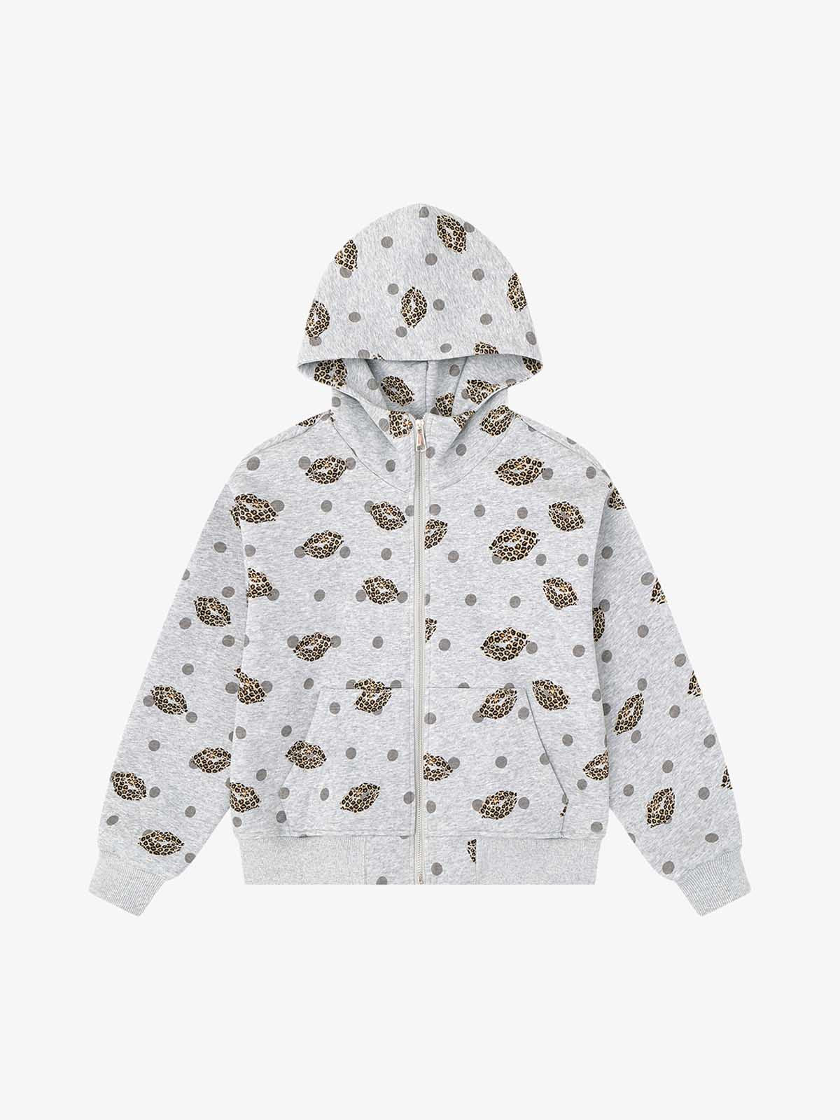 Lips Leopard Print Cropped Zip-Up Hoodie - Gray / S