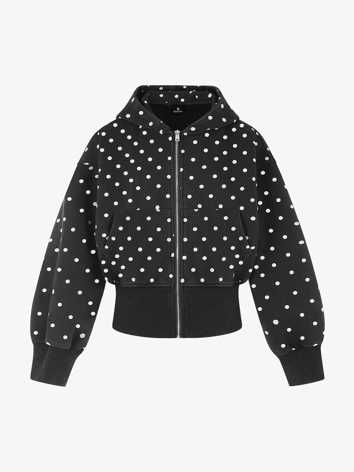 Distressed Polka Dot Ribbed Zip-Up Hoodie - Black / M