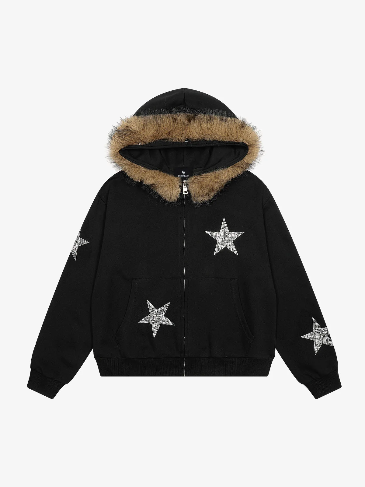Star Rhinestone Fur Collar Zip-Up Hoodie - Black / S — Chandails en coton ouaté pour hommes