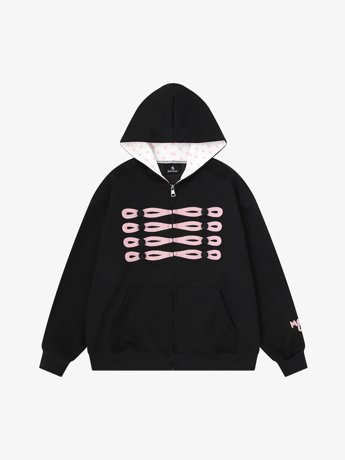 Napoleon Cord Embroidery Polka Dot Zip-Up Hoodie - Black / S