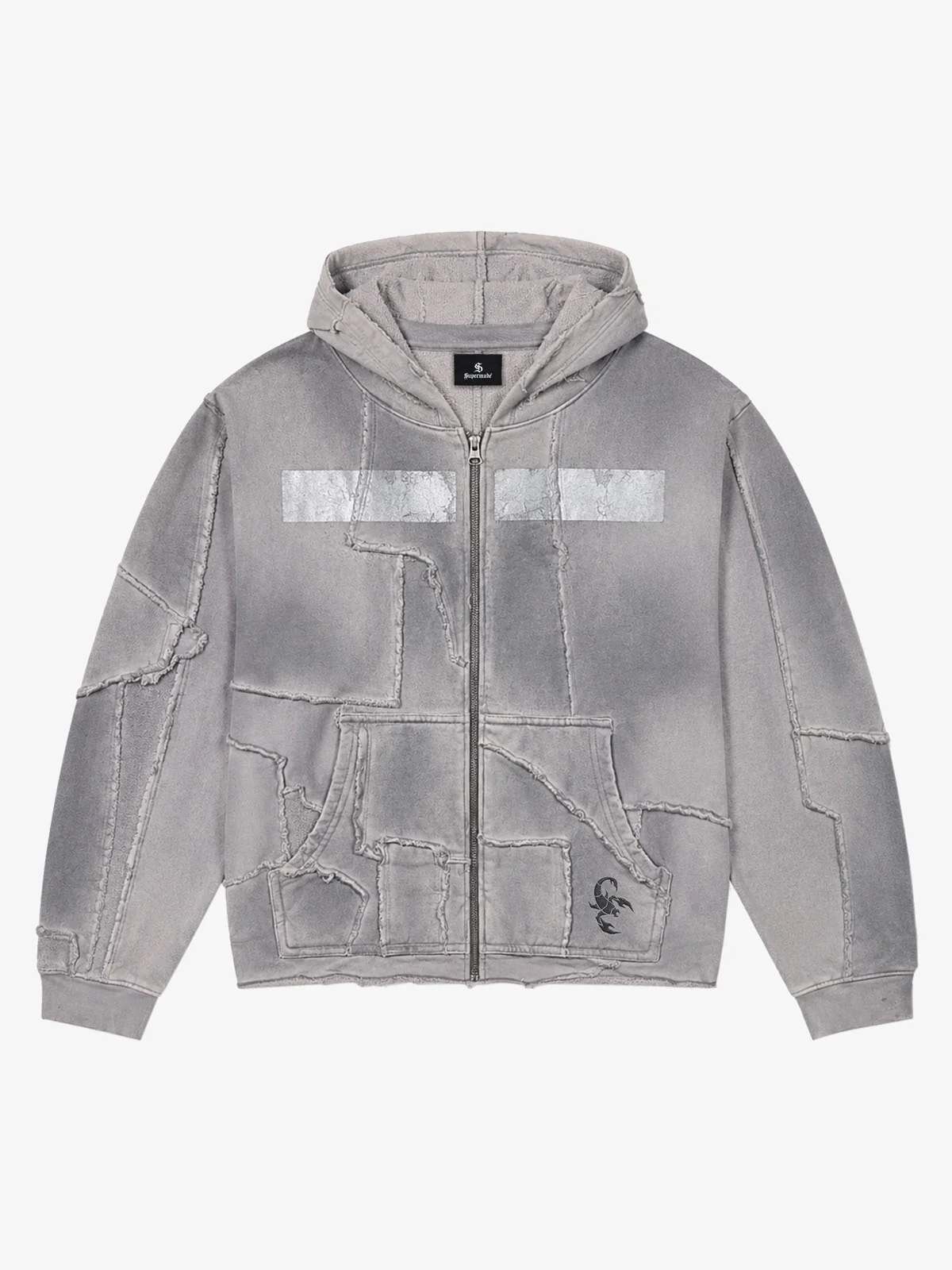 Spray-Dyed Paneled Distressed Zip Hoodie - Washed Ash / S