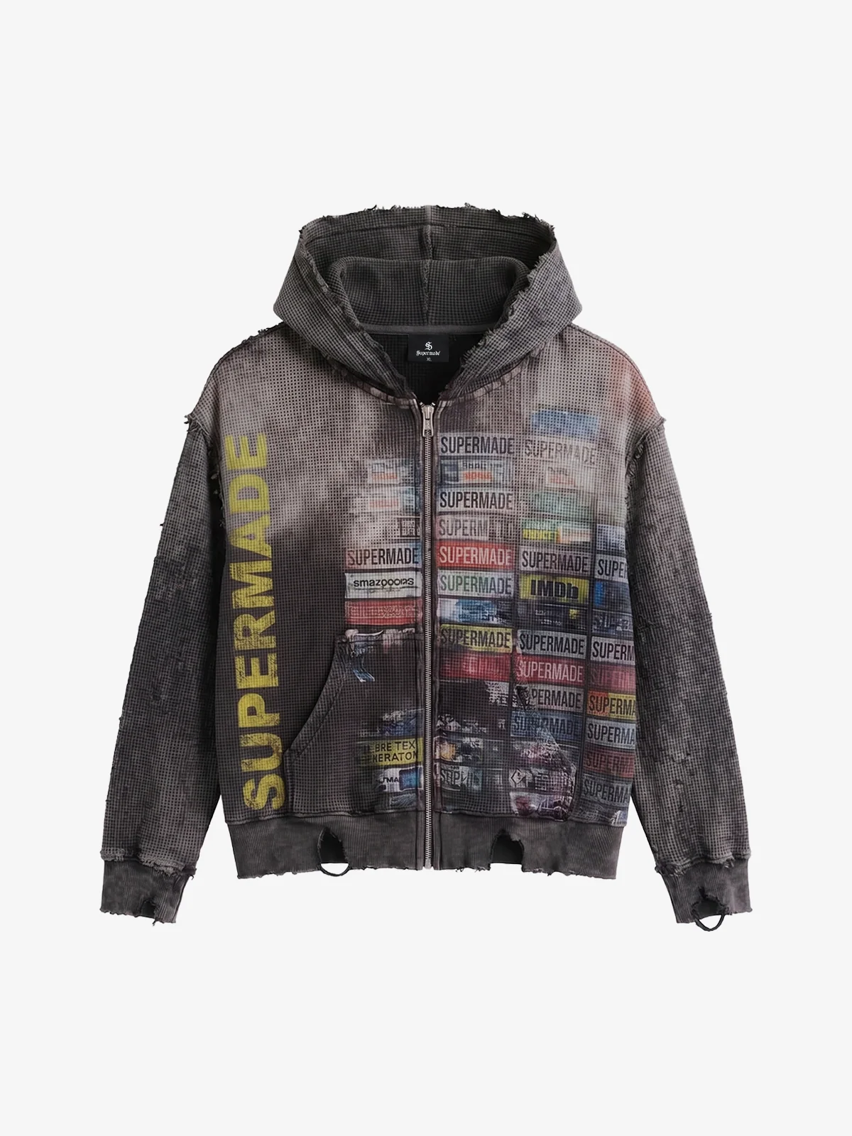 Distressed Multi-Label Zip-Up Hoodie - Dark Gray / S