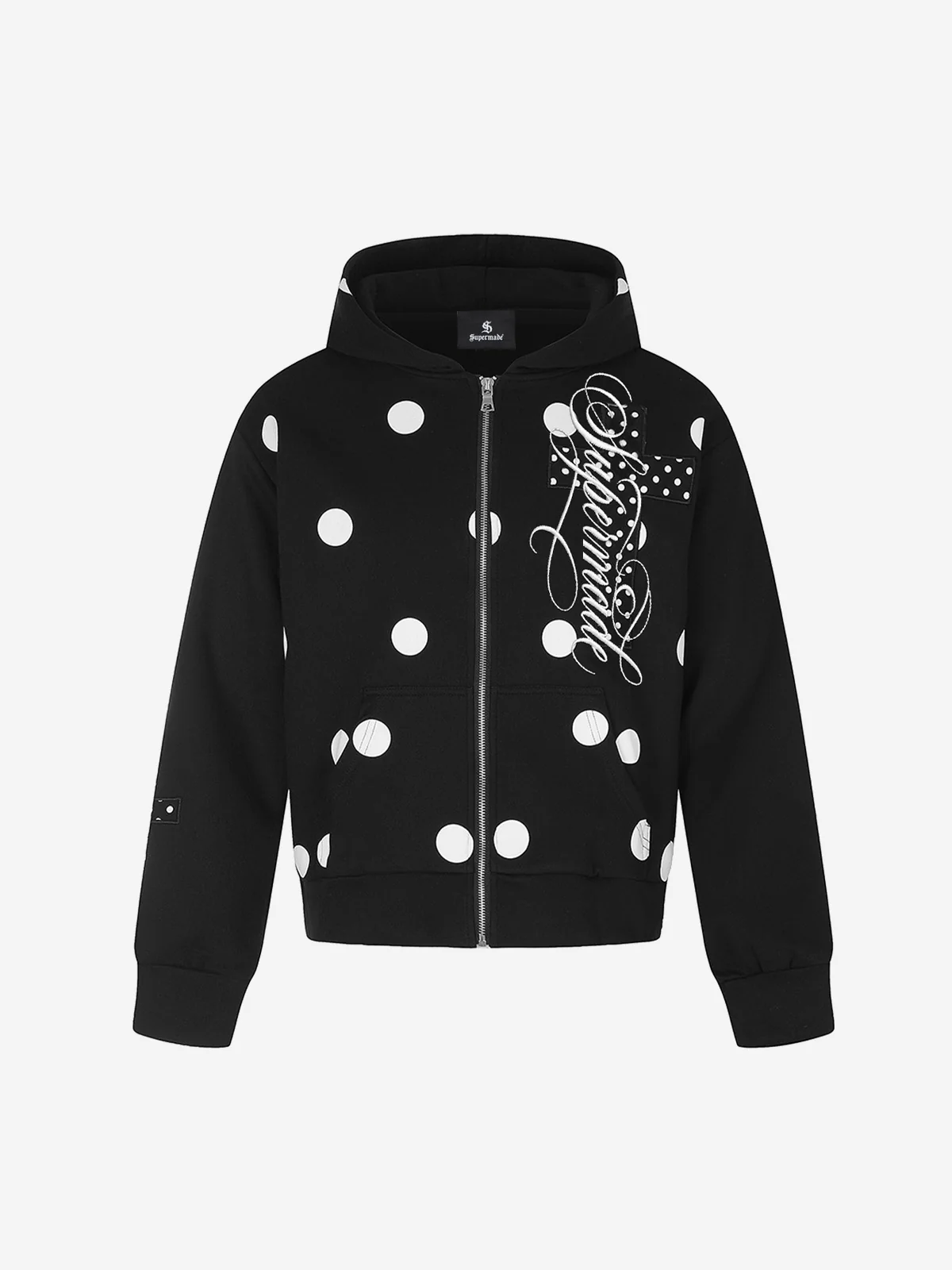 Polka Dot Logo Embroidered Cross Appliqué Zip Hoodie - Black / S