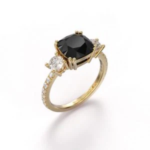 Bague de fiançailles à trois pierres avec diamant noir taille coussin en or jaune 10 carats