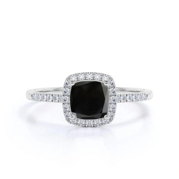 Bague de fiançailles halo de diamants noirs taille coussin de 3,20 carats en or jaune 10 carats