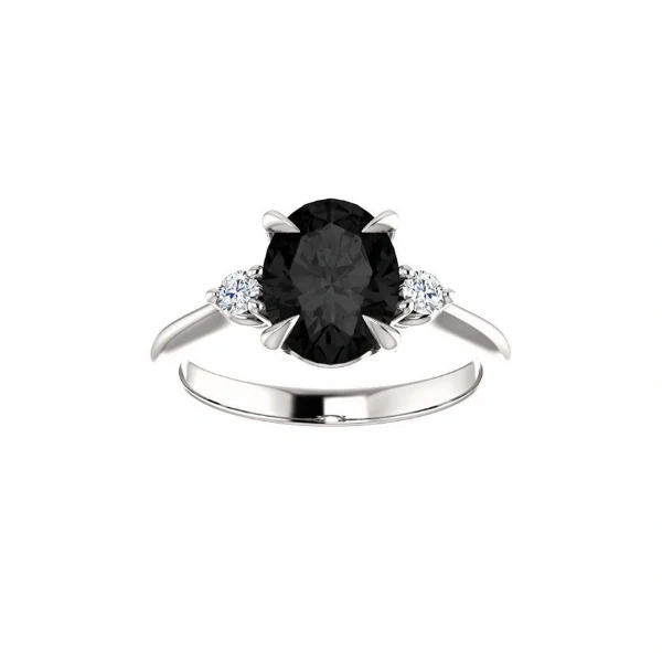 GemoneDiamonds Bague de fiançailles à trois pierres avec diamant noir et blanc taille ovale de 2,20 ct, or jaune 10 carats