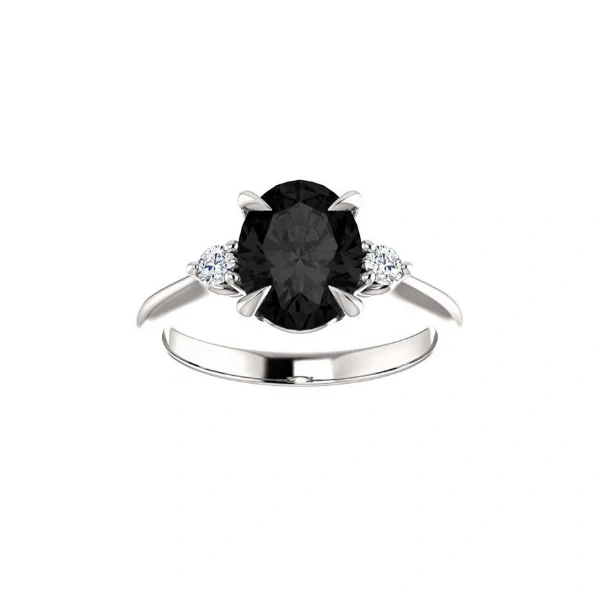 GemoneDiamonds Bague de fiançailles à trois pierres avec diamant noir et blanc taille ovale de 2,20 ct, or jaune 10 carats — Bagues de fiançailles