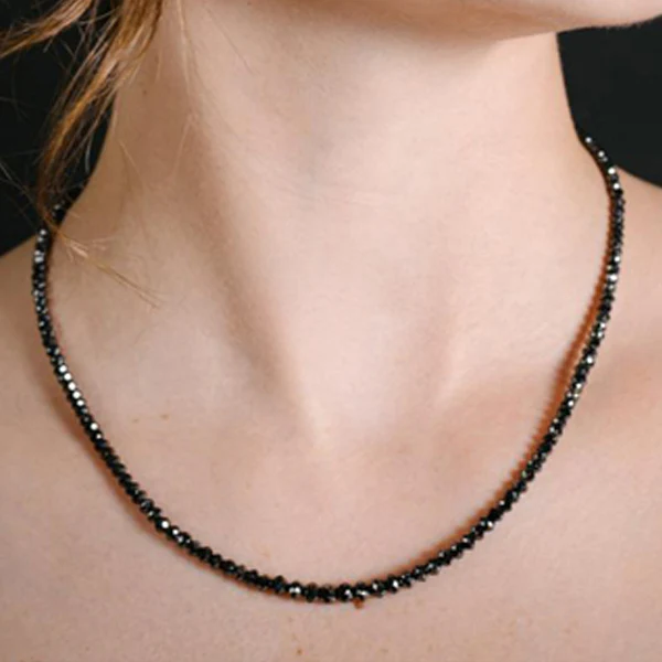 GemoneDiamonds Collier de perles à facettes en diamant noir de 81,3 cm, 2,00-3,00 mm — Collier Argent Femme