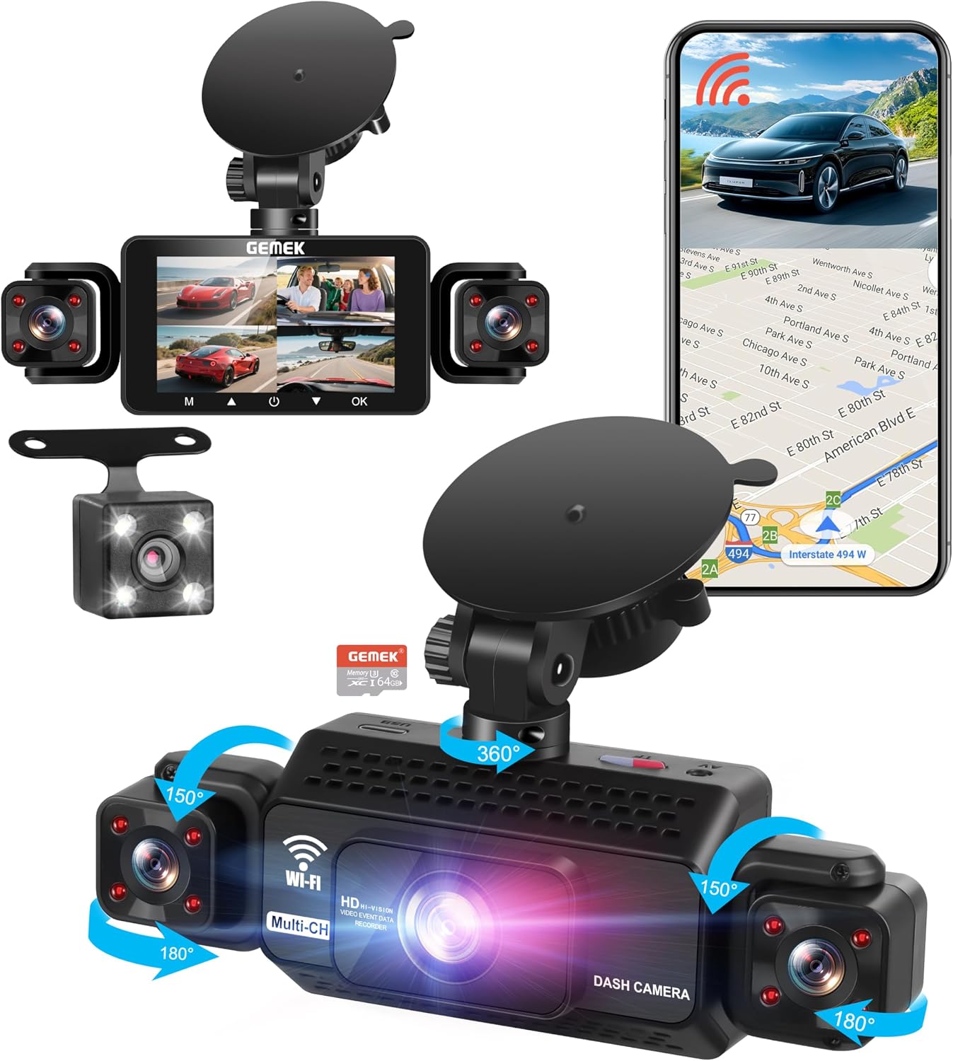 Caméra Embarquée GEMEK 4 Voies 2K Vue 360° WiFi 5G — Caméras de tableau de bord