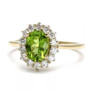 4.28 Carat Oval Shape Halo Peridot Gemstone Ring - 10K Yellow Gold — Stackable Rings
