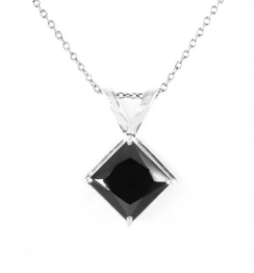 Collier pendentif solitaire diamant noir taille princesse 2 ct en or jaune 10 carats — Collier pendentif