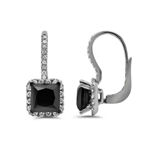 GemoneDiamonds Boucles d'oreilles halo diamant noir et blanc taille princesse 3,46 ct or jaune 10 carats — Boucles D'oreilles