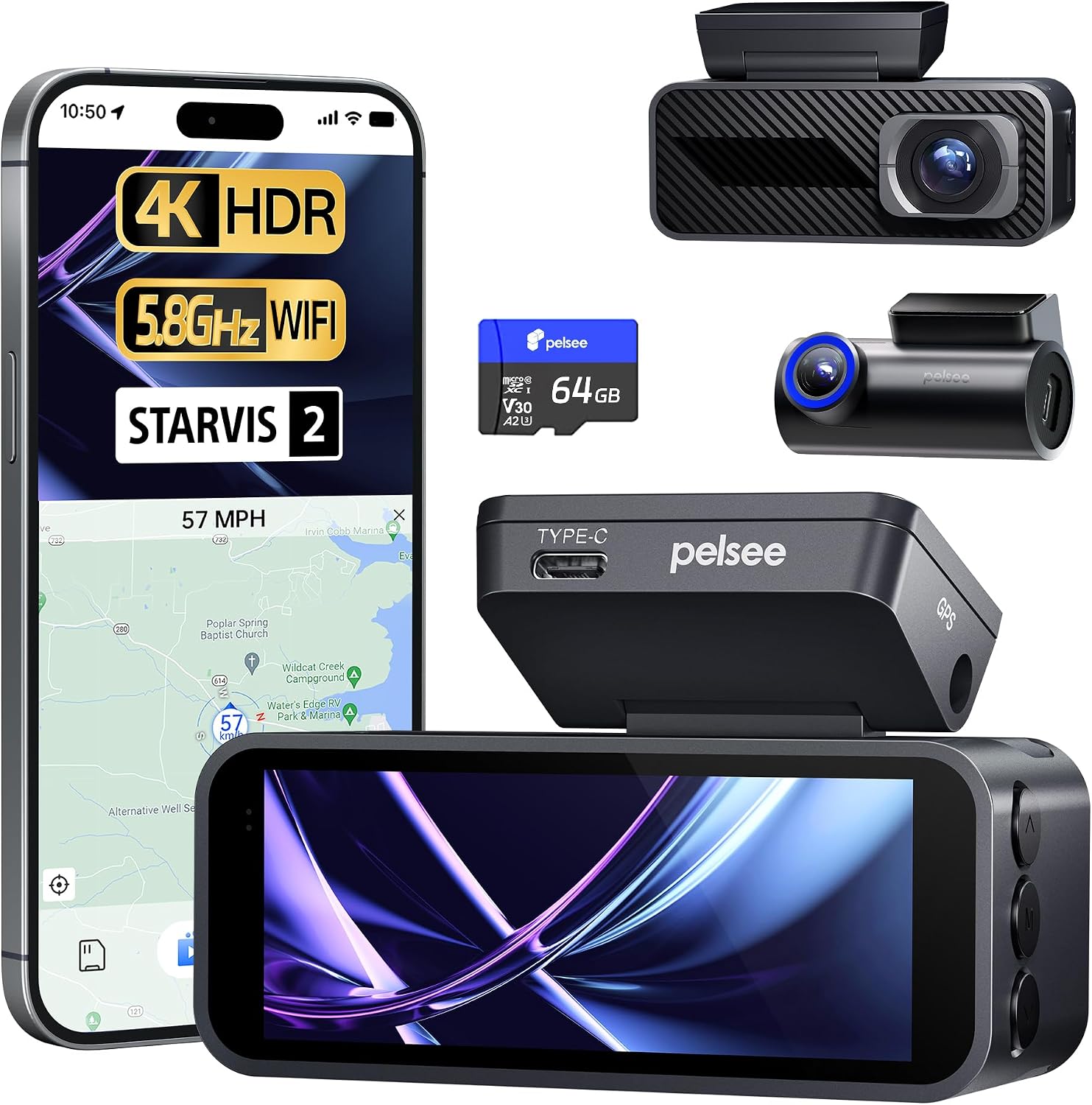 Pelsee P1 Pro Caméra Tableau de Bord 4K Avant et Arrière avec Vision Nocturne — Caméras de tableau de bord