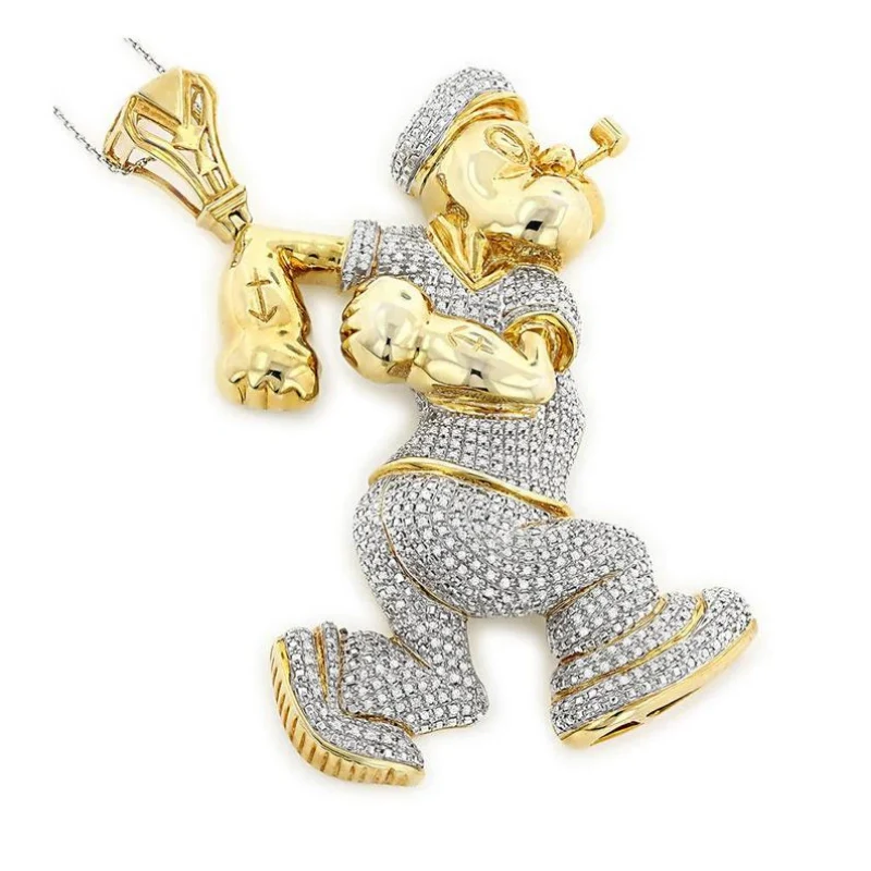 Pendentif Popeye serti de diamants de laboratoire ronds de 5 carats en or jaune 10 carats — Collier pendentif