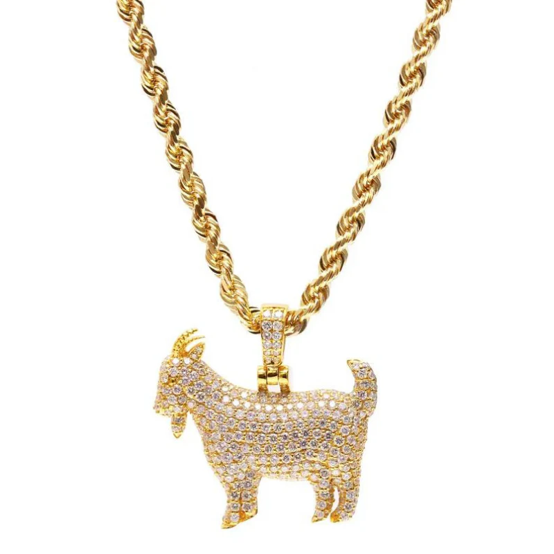2 Carat Round Cut Pave Setting Goat Lab Diamond Pendant - 10K Yellow Gold / Lab Diamond