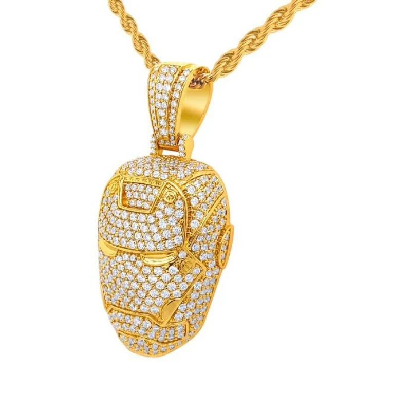 Pendentif rond en diamant de laboratoire pour casque Iron Man de 2,50 carats en or jaune 10 carats — Collier pendentif