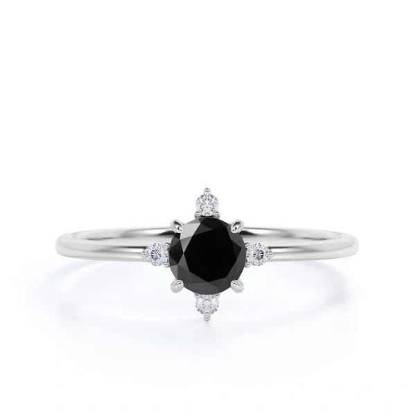 Bague de fiançailles diamant noir et blanc taille ronde à 5 pierres en or jaune 10 carats