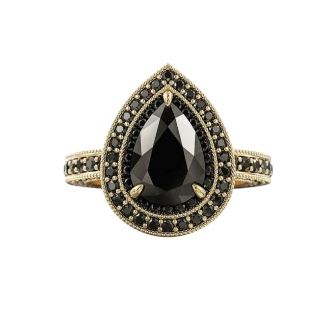 Bague halo double diamant noir en forme de poire de 3 ct en or jaune 10 carats par GemoneDiamonds